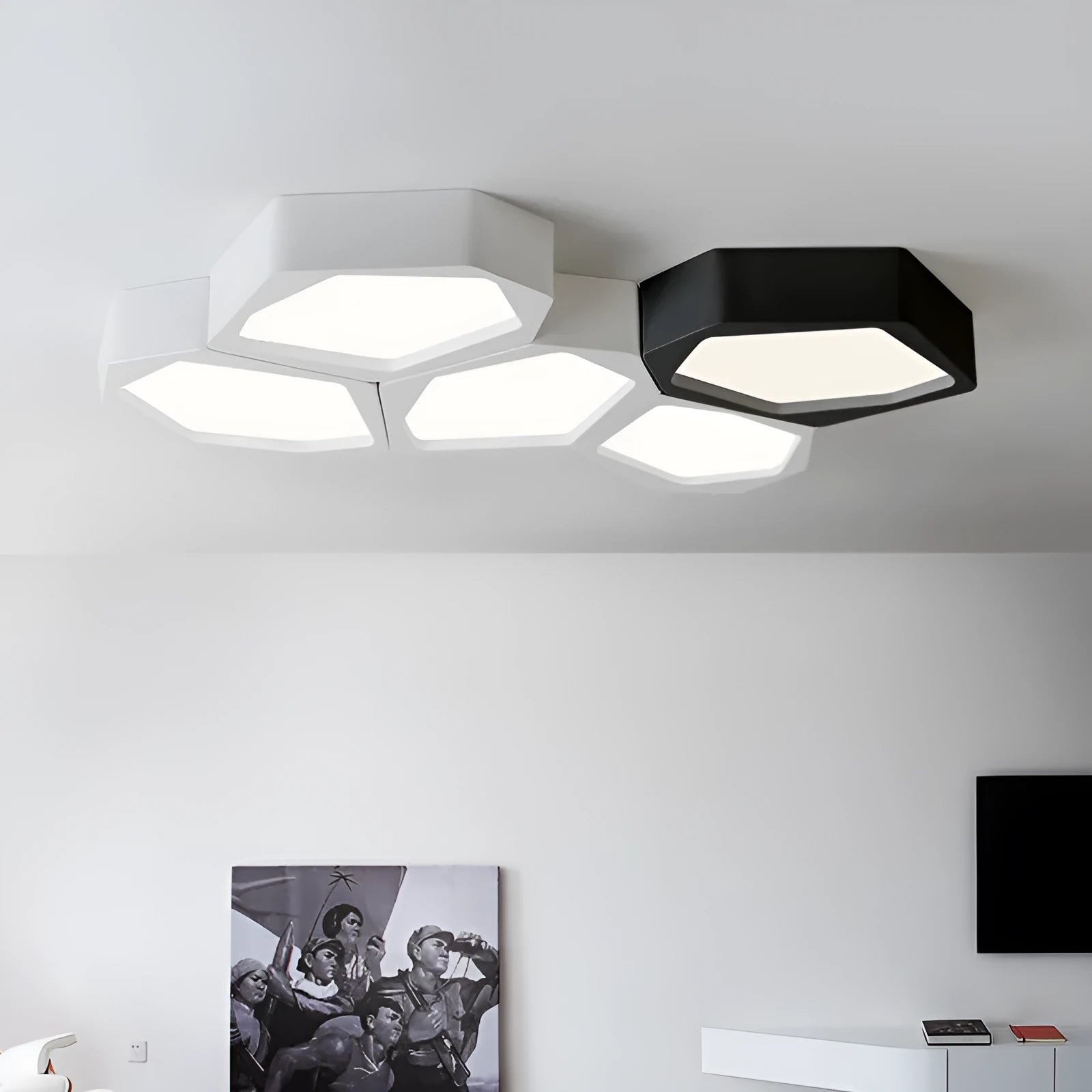 Geometric shaped iron frame LED wall light with remote control in black or white colour