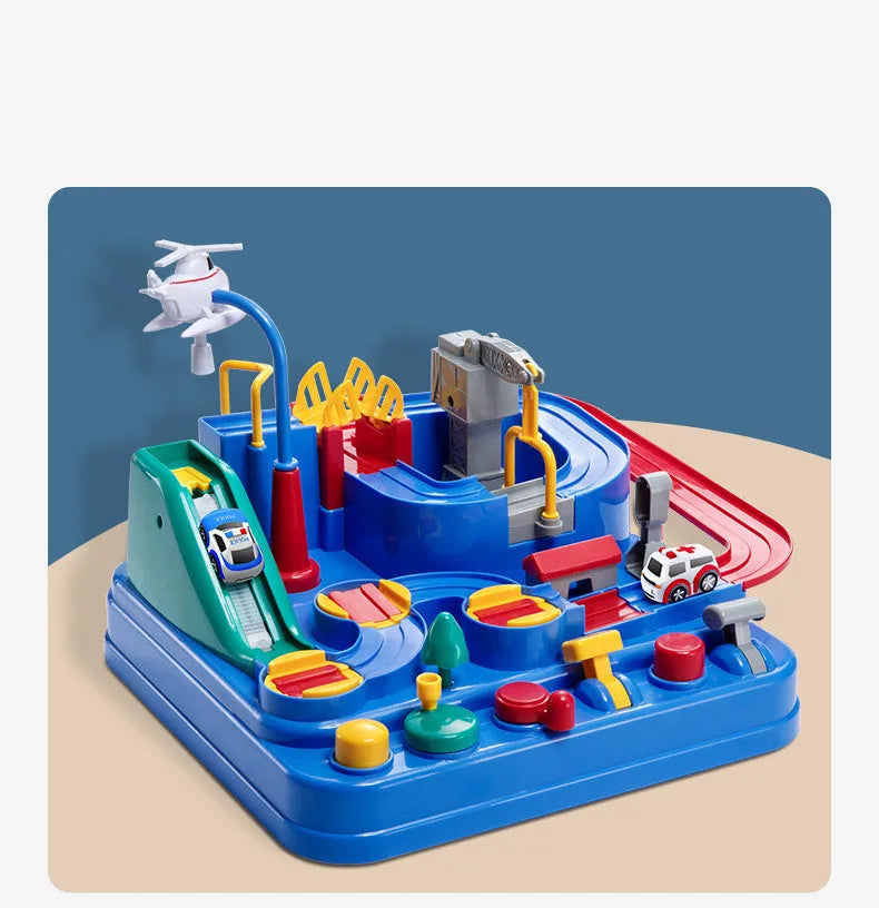 Children's interactive parking lot toy track with crane, conveyor stairs, and assorted toy vehicles.