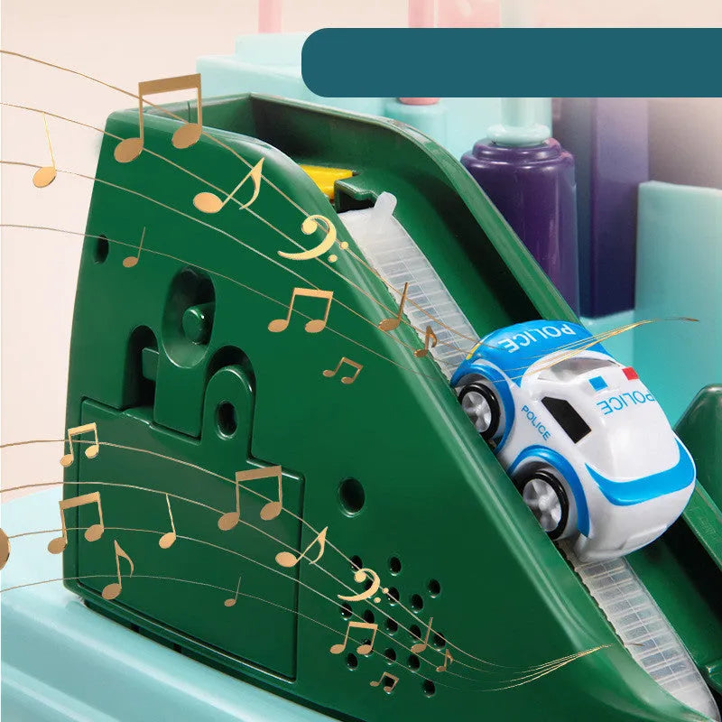 Children's interactive parking lot toy track with crane, conveyor stairs, and assorted toy vehicles.