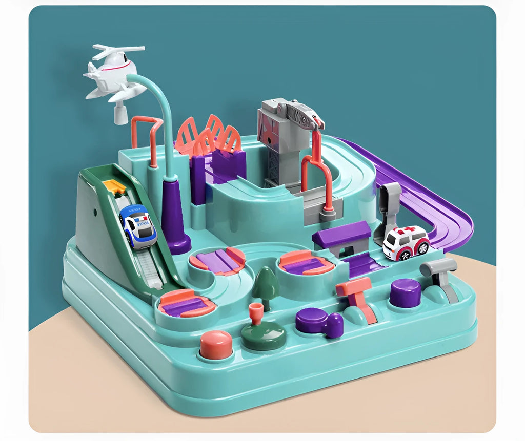 Children's interactive parking lot toy track with crane, conveyor stairs, and assorted toy vehicles.