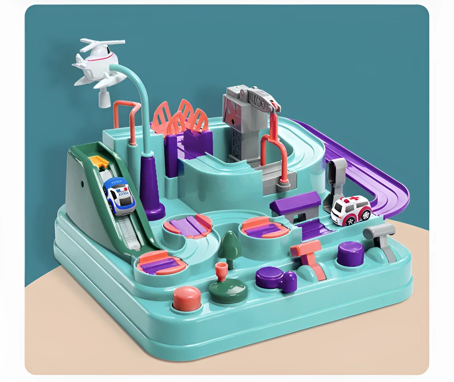 Children's interactive parking lot toy track with crane, conveyor stairs, and assorted toy vehicles.