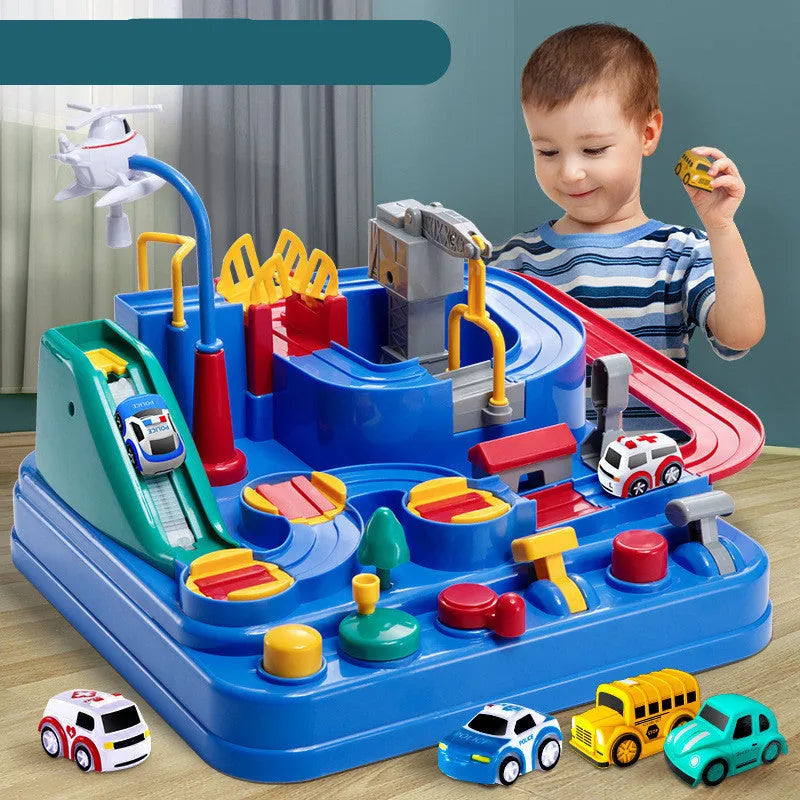 Children's interactive parking lot toy track with crane, conveyor stairs, and assorted toy vehicles.