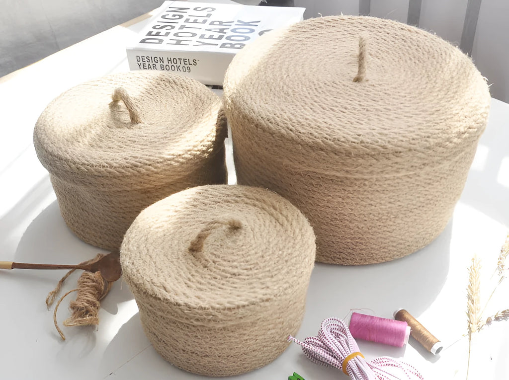 Japanese style linen fabric storage basket with dustproof lid in three size options
