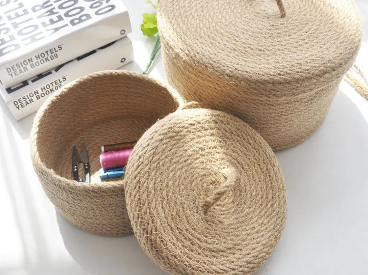 Japanese style linen fabric storage basket with dustproof lid in three size options