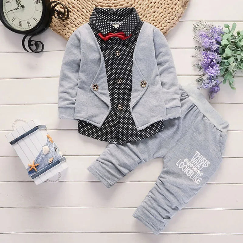 Toddler boys casual printed suit set with jacket and trousers in grey, navy blue or red colours