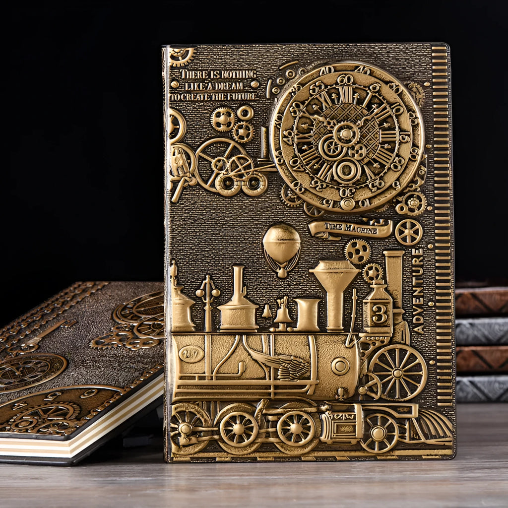 Leather diary with 3D embossed retro cover in green bronze, red bronze, and silver colour options.