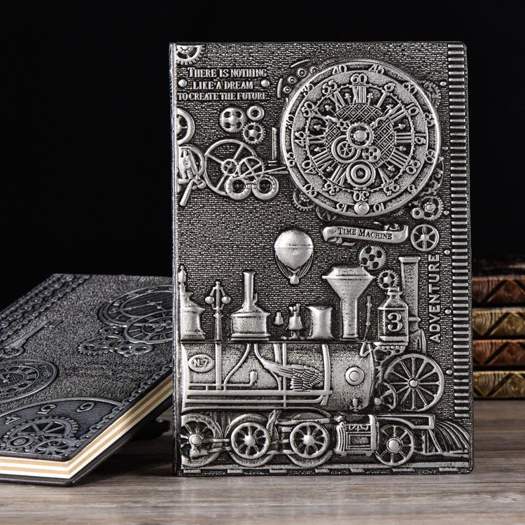 Leather diary with 3D embossed retro cover in green bronze, red bronze, and silver colour options.