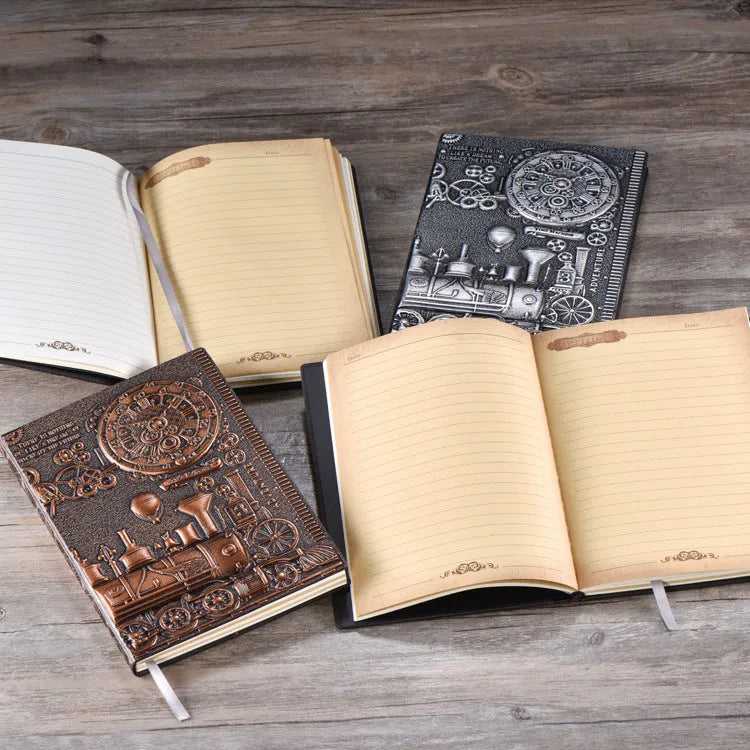 Leather diary with 3D embossed retro cover in green bronze, red bronze, and silver colour options.