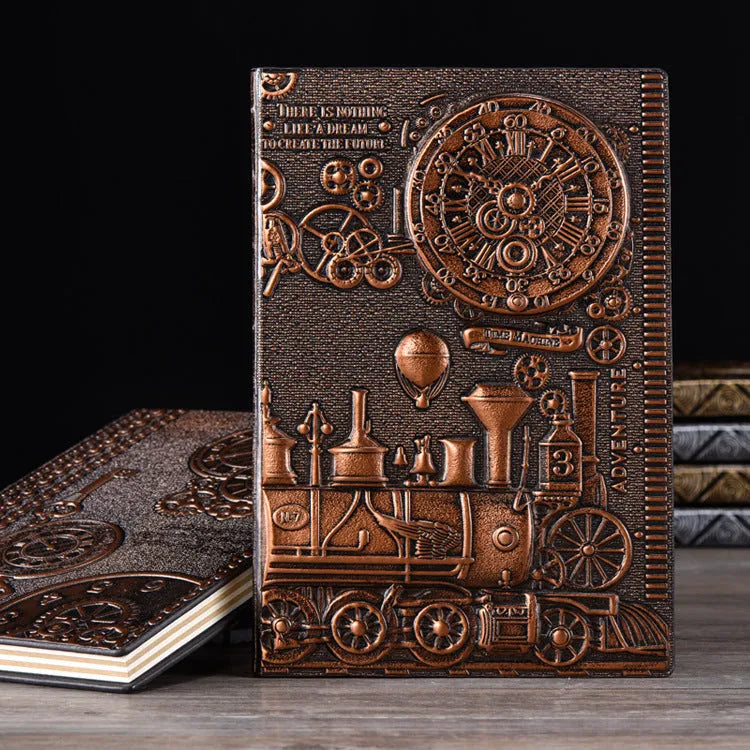 Leather diary with 3D embossed retro cover in green bronze, red bronze, and silver colour options.