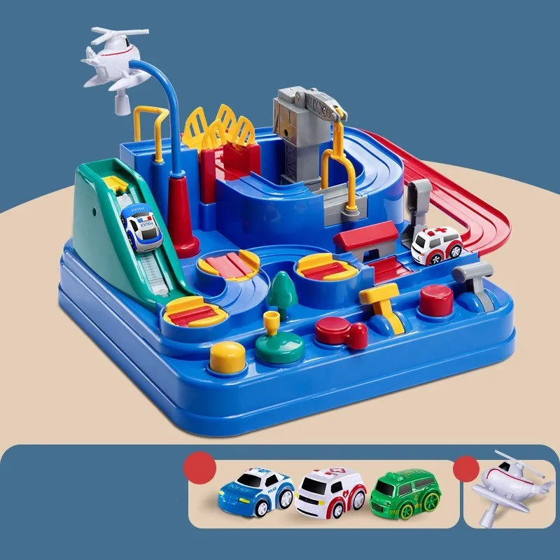 Children's interactive parking lot toy track with crane, conveyor stairs, and assorted toy vehicles.