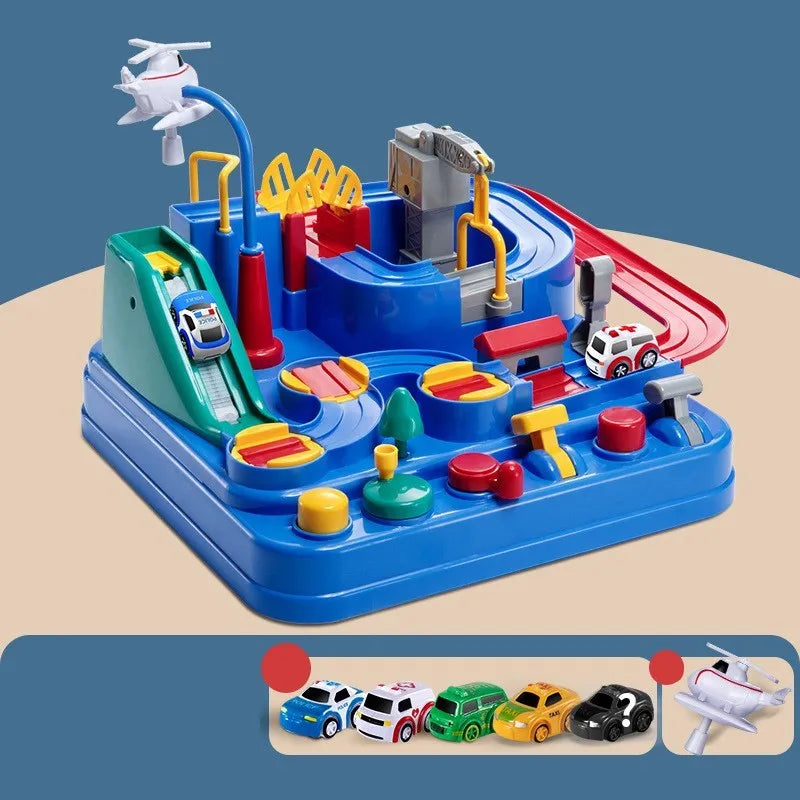 Children's interactive parking lot toy track with crane, conveyor stairs, and assorted toy vehicles.