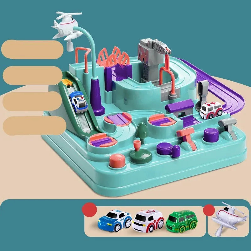 Children's interactive parking lot toy track with crane, conveyor stairs, and assorted toy vehicles.