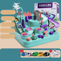 Children's interactive parking lot toy track with crane, conveyor stairs, and assorted toy vehicles.