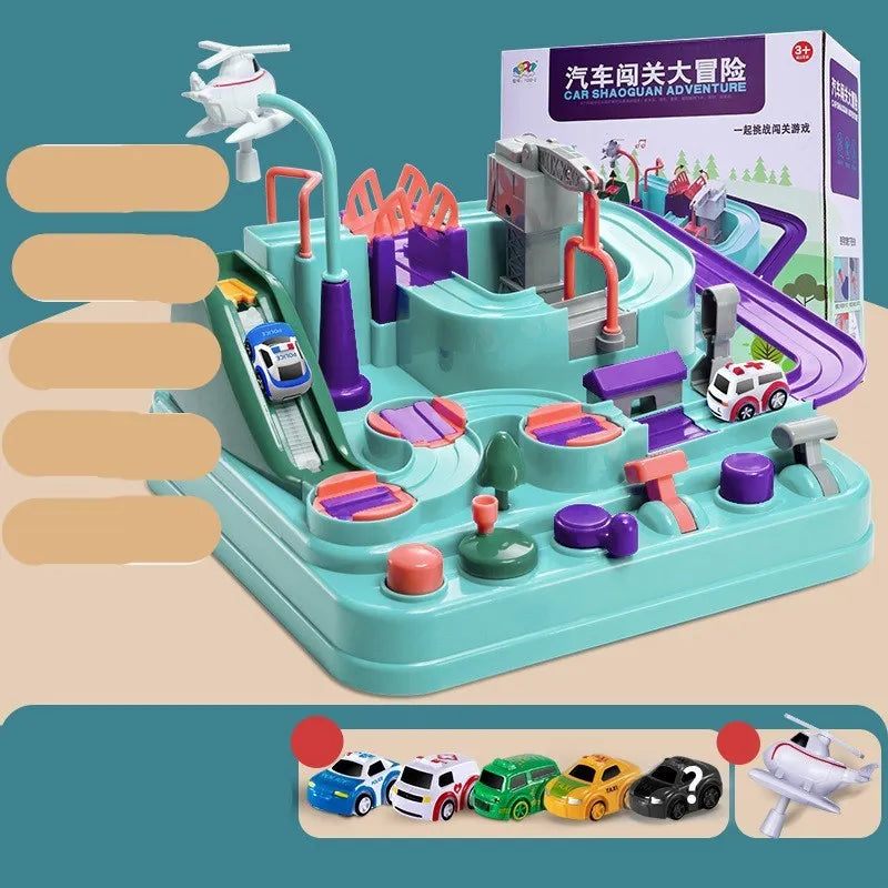 Children's interactive parking lot toy track with crane, conveyor stairs, and assorted toy vehicles.
