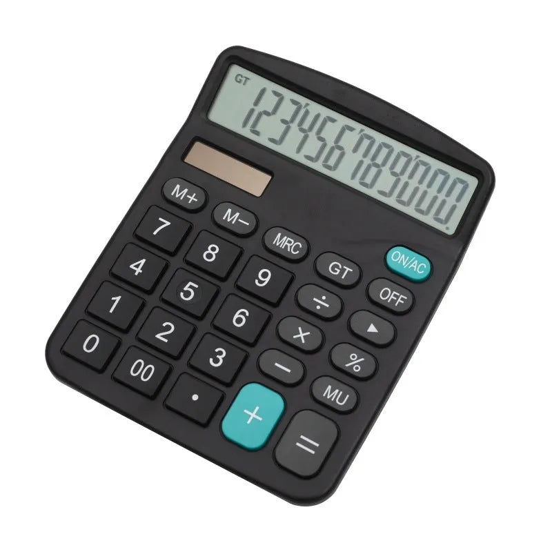 Black twelve-digit solar calculator with large LCD display on a desk
