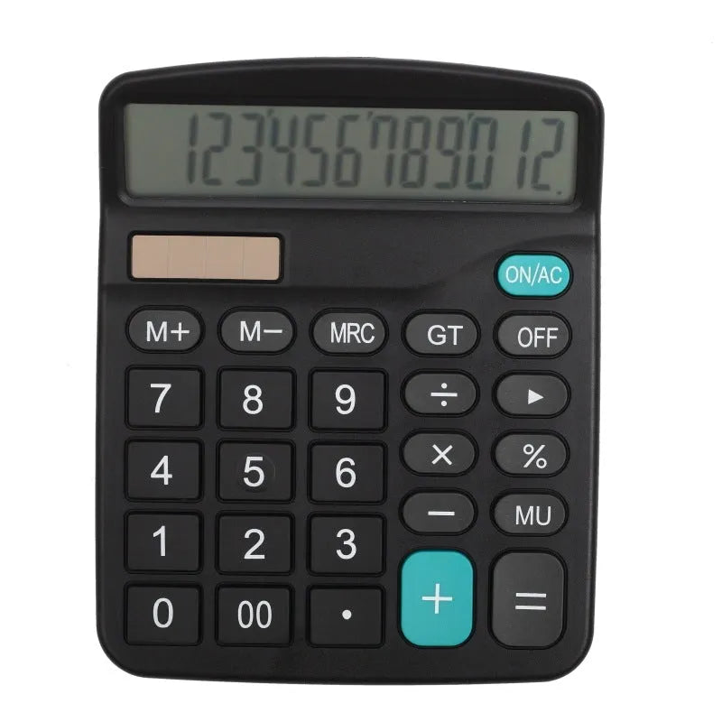 Black twelve-digit solar calculator with large LCD display on a desk