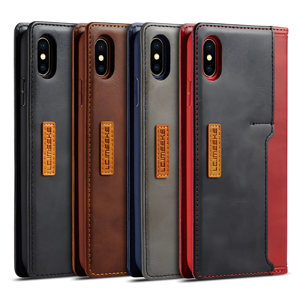 Retro brown leather wallet case for iPhone shown open, revealing card slots and phone compartment.