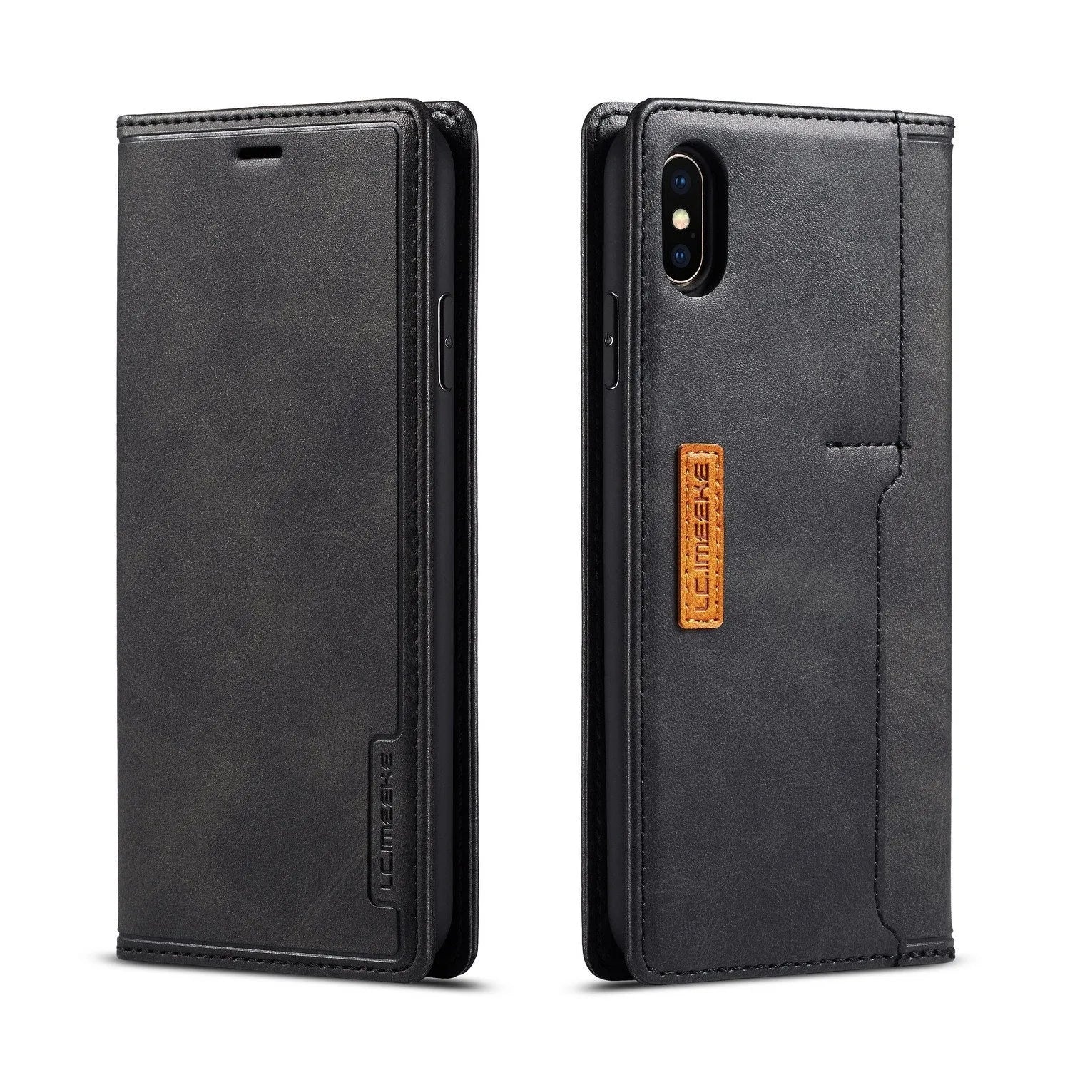 Retro brown leather wallet case for iPhone shown open, revealing card slots and phone compartment.