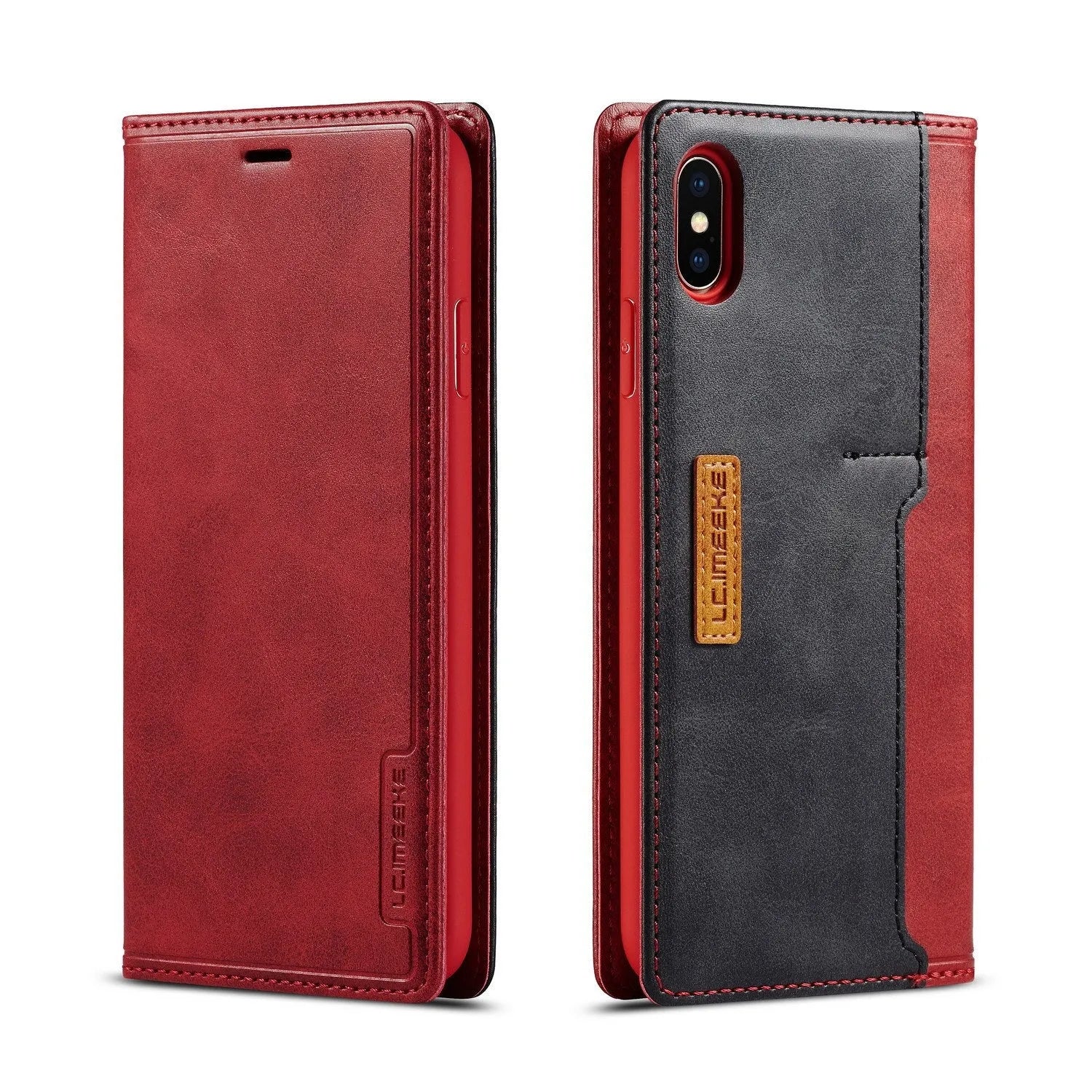 Retro brown leather wallet case for iPhone shown open, revealing card slots and phone compartment.