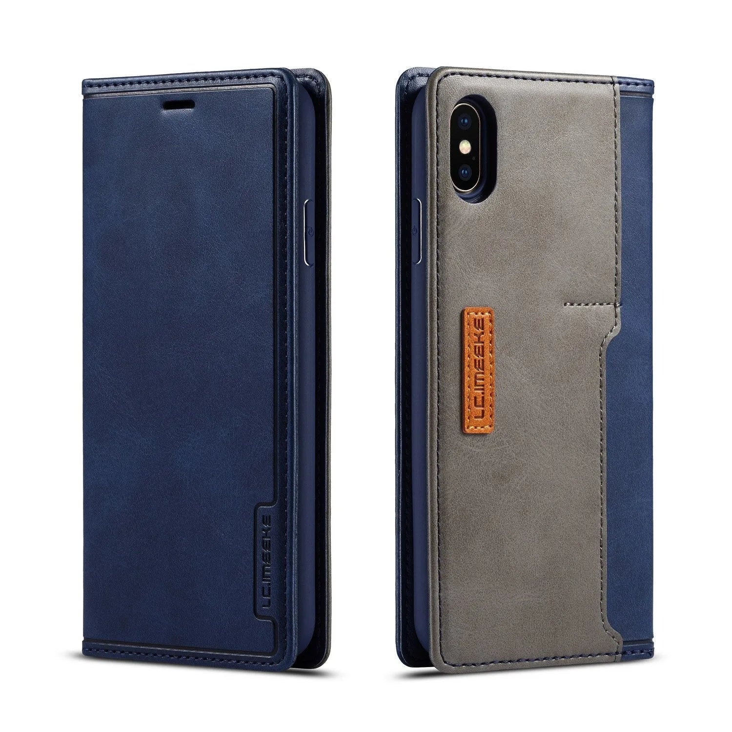 Retro brown leather wallet case for iPhone shown open, revealing card slots and phone compartment.