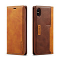 Retro brown leather wallet case for iPhone shown open, revealing card slots and phone compartment.