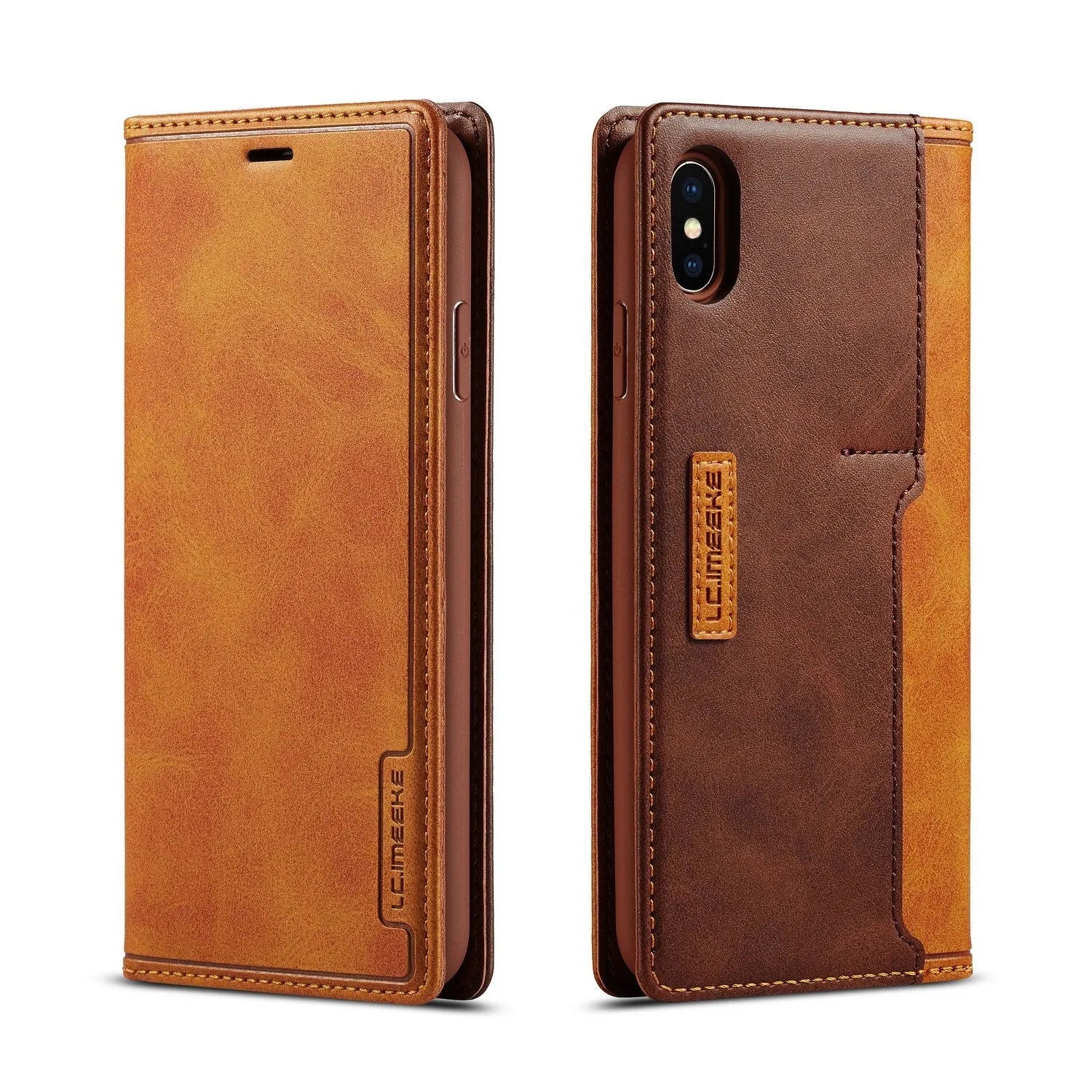 Retro brown leather wallet case for iPhone shown open, revealing card slots and phone compartment.