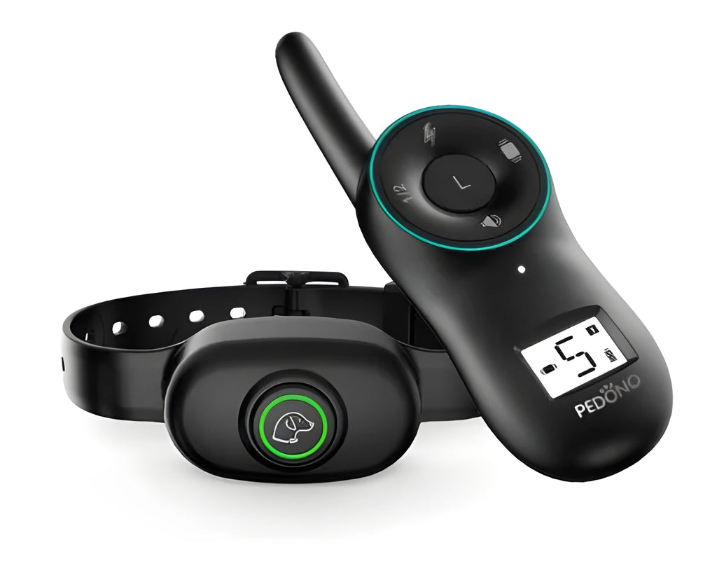 Black waterproof dog training collar with remote control showing three training mode buttons