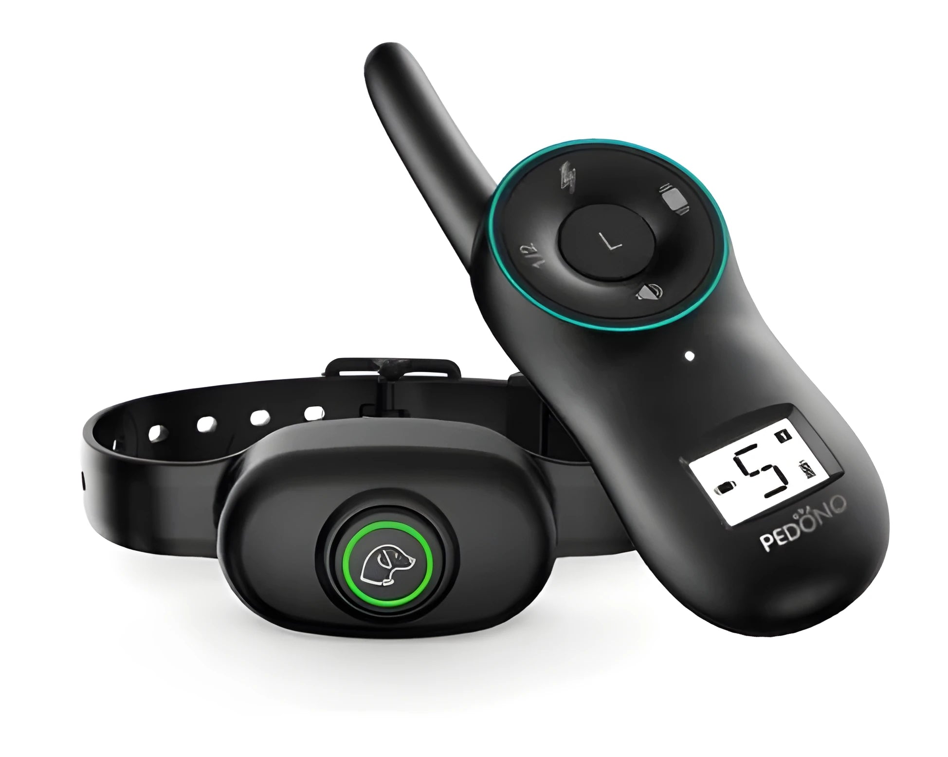 Black waterproof dog training collar with remote control showing three training mode buttons