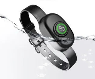 Black waterproof dog training collar with remote control showing three training mode buttons