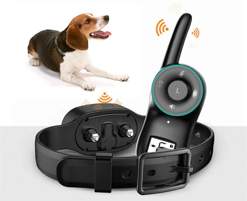 Black waterproof dog training collar with remote control showing three training mode buttons