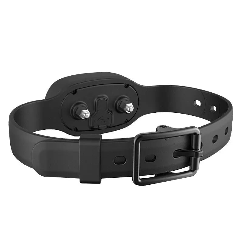 Black waterproof dog training collar with remote control showing three training mode buttons