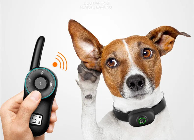 Black waterproof dog training collar with remote control showing three training mode buttons