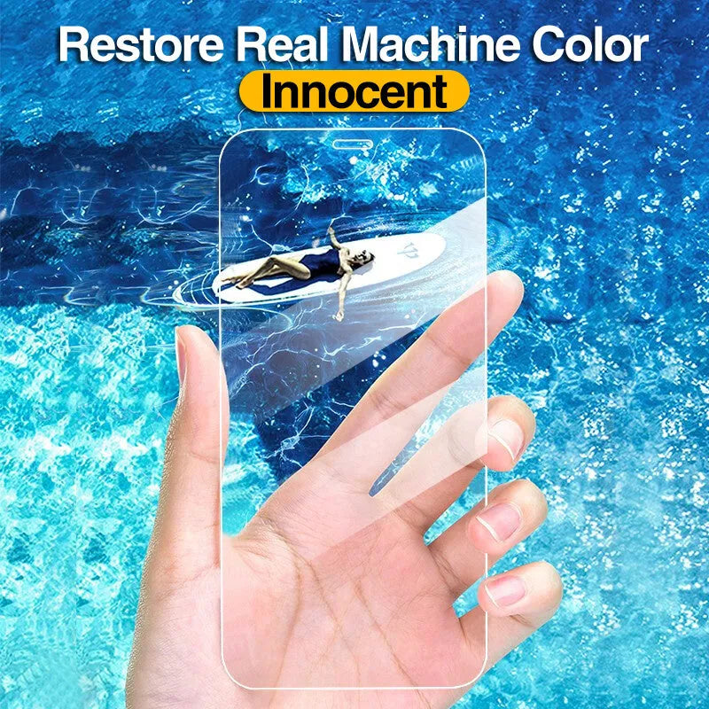 Four transparent tempered glass screen protectors for Apple iPhone in an open package.