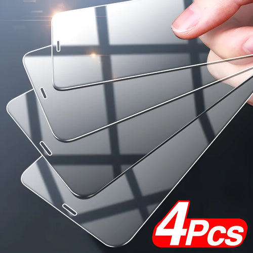 Four transparent tempered glass screen protectors for Apple iPhone in an open package.