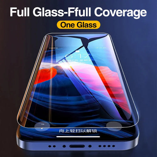 Four transparent tempered glass screen protectors for Apple iPhone in an open package.