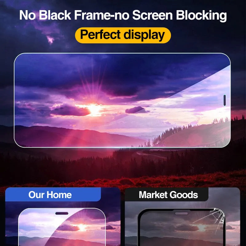 Four transparent tempered glass screen protectors for Apple iPhone in an open package.