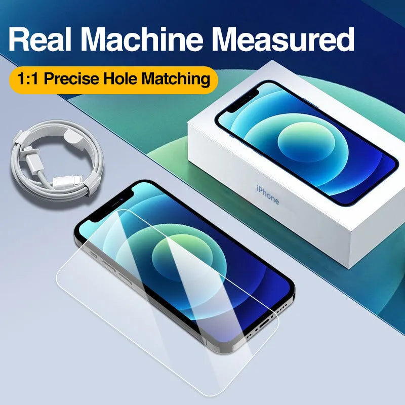 Four transparent tempered glass screen protectors for Apple iPhone in an open package.