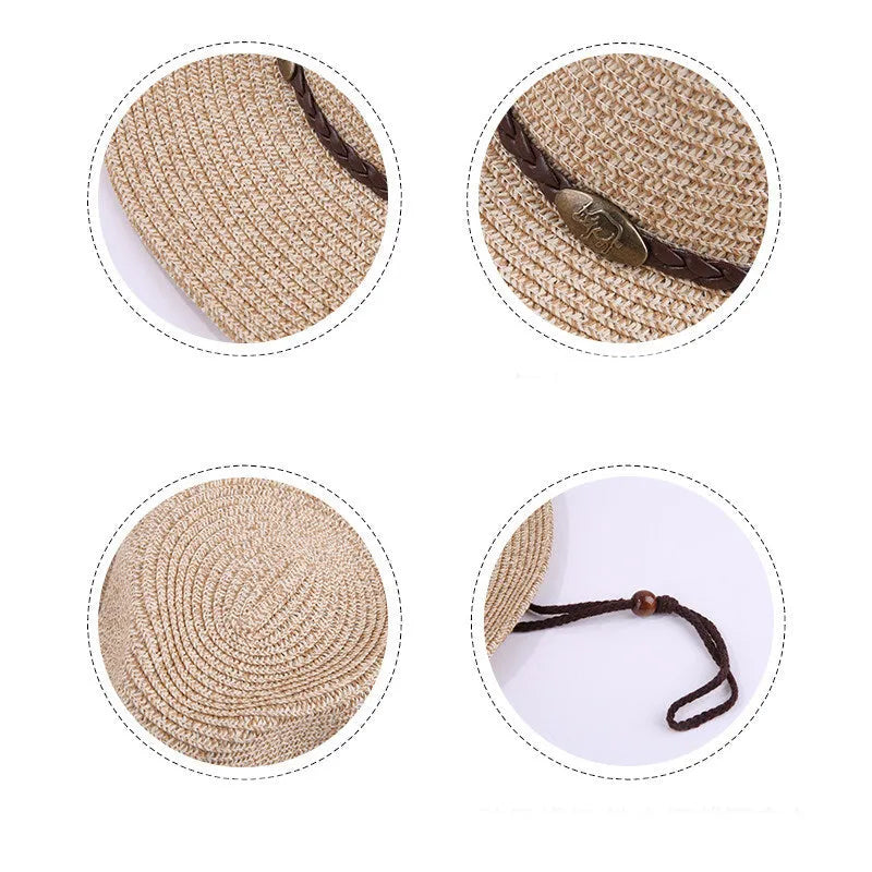 Unisex papyrus wide brim sun hat with adjustable wind lanyard in grey, shown on a beach background