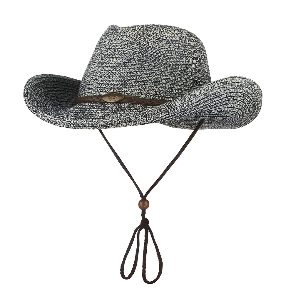 Unisex papyrus wide brim sun hat with adjustable wind lanyard in grey, shown on a beach background