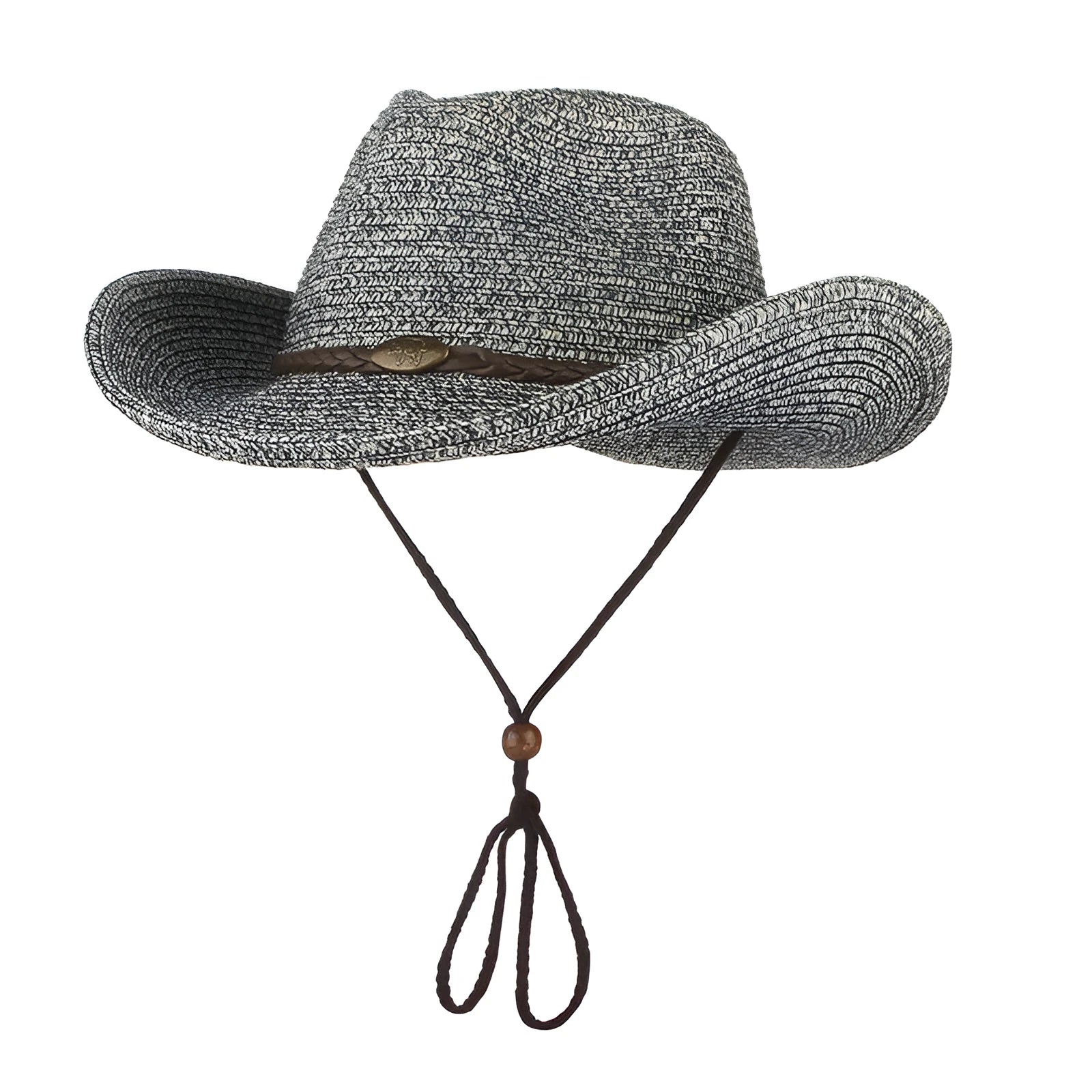 Unisex papyrus wide brim sun hat with adjustable wind lanyard in grey, shown on a beach background