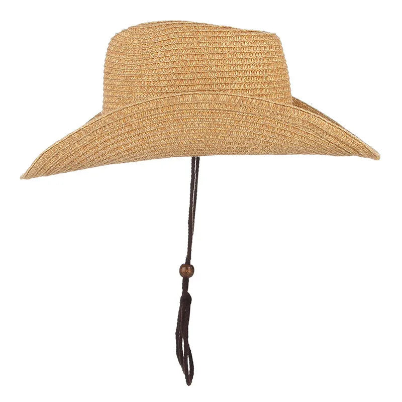 Unisex papyrus wide brim sun hat with adjustable wind lanyard in grey, shown on a beach background