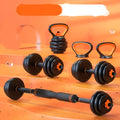 10KG PE adjustable dumbbell set with upgrade handle, plates, barbell connector, and kettlebell handle on a base