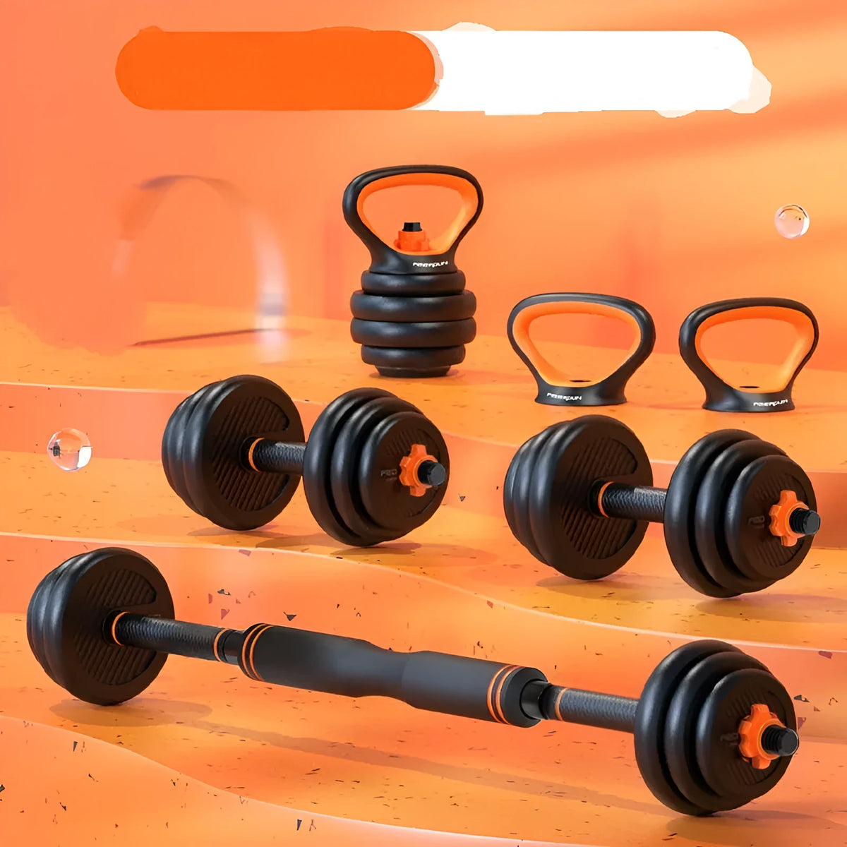 10KG PE adjustable dumbbell set with upgrade handle, plates, barbell connector, and kettlebell handle on a base