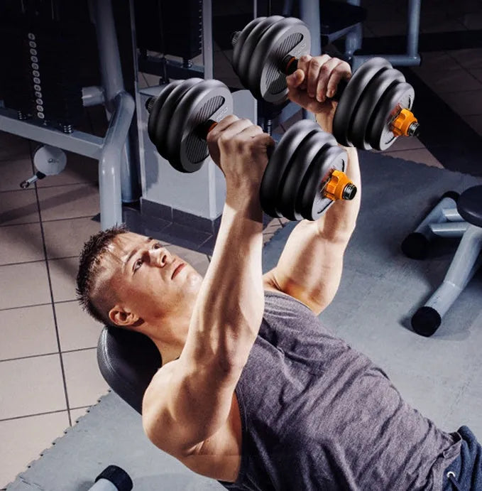 10KG PE adjustable dumbbell set with upgrade handle, plates, barbell connector, and kettlebell handle on a base
