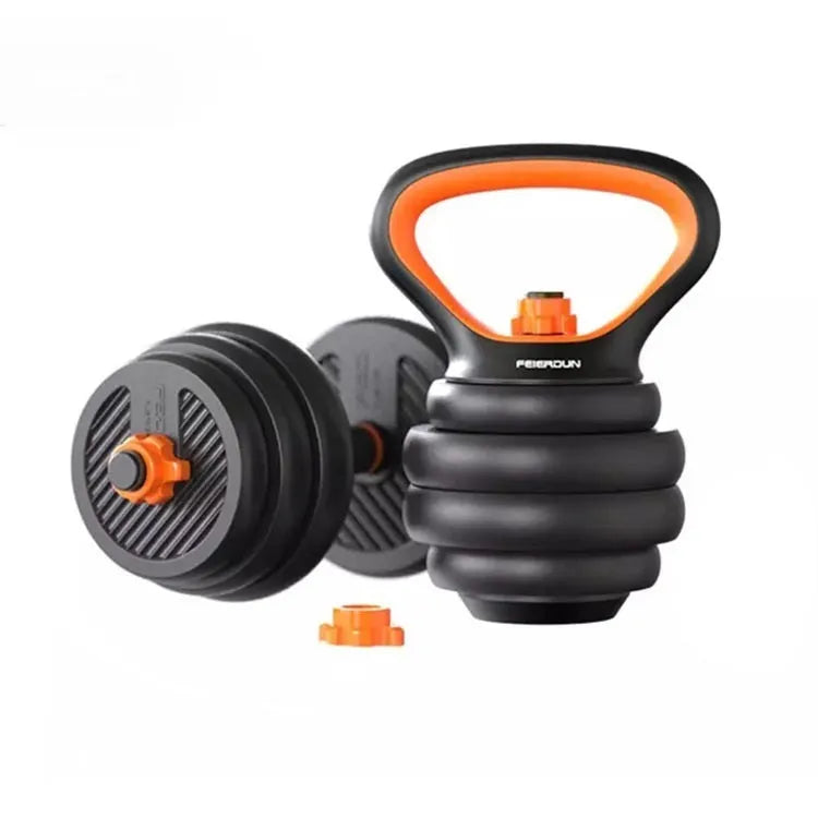 10KG PE adjustable dumbbell set with upgrade handle, plates, barbell connector, and kettlebell handle on a base