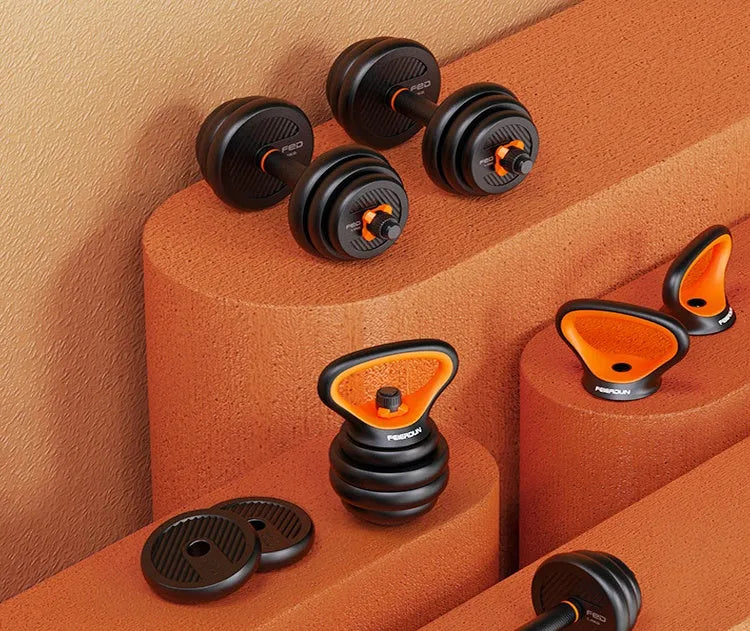 10KG PE adjustable dumbbell set with upgrade handle, plates, barbell connector, and kettlebell handle on a base