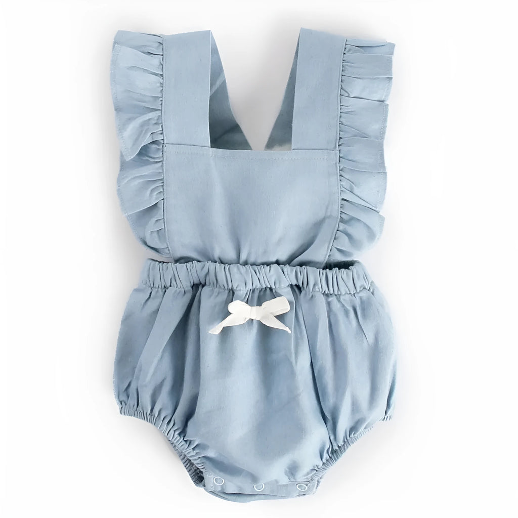 Blue denim lace sleeveless baby bodysuit romper with triangle climb detail