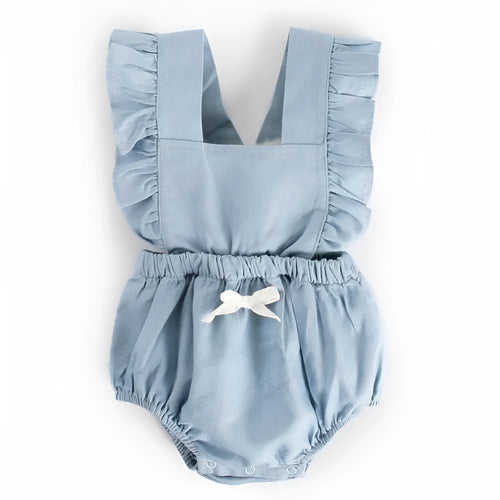 Blue denim lace sleeveless baby bodysuit romper with triangle climb detail