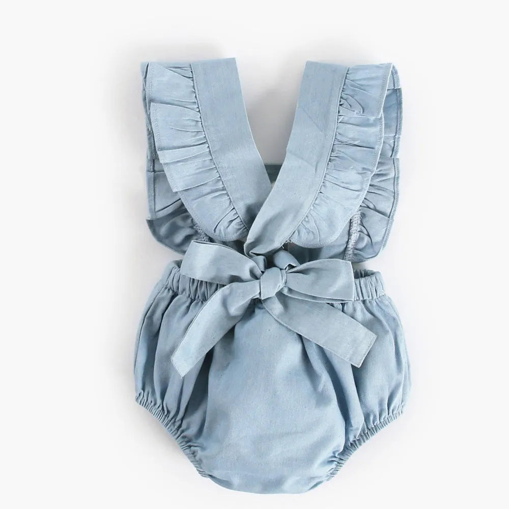 Blue denim lace sleeveless baby bodysuit romper with triangle climb detail