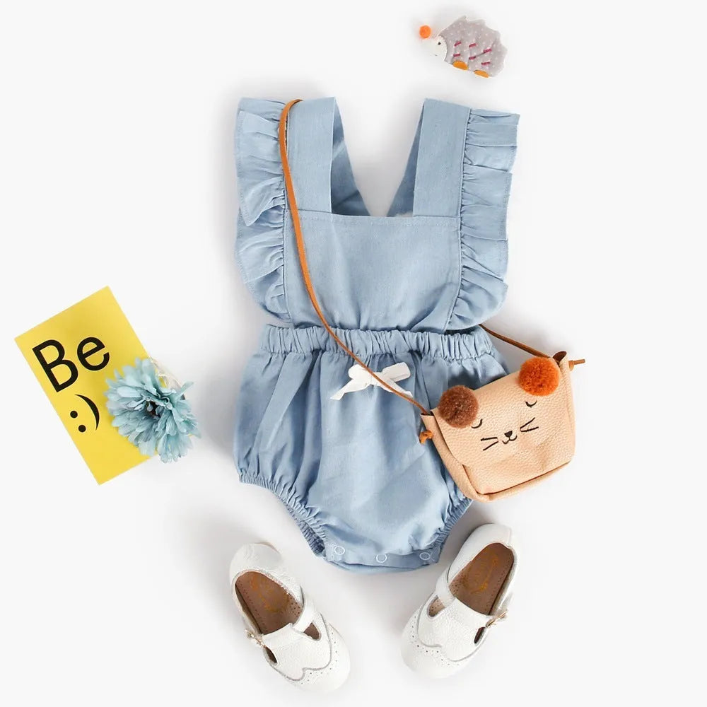 Blue denim lace sleeveless baby bodysuit romper with triangle climb detail